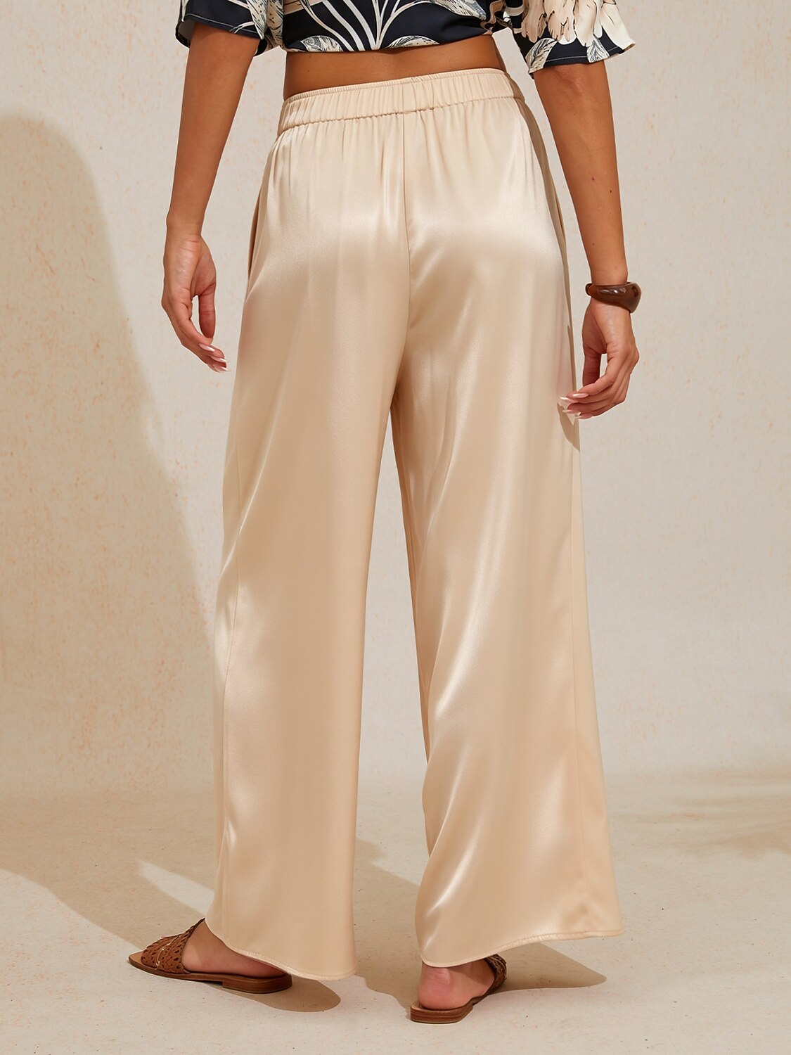 Silky Satin Blue Elastic Waist Wide Leg Pants