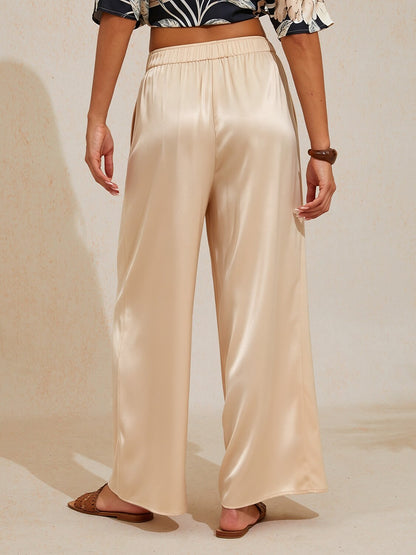 Silky Satin Blue Elastic Waist Wide Leg Pants