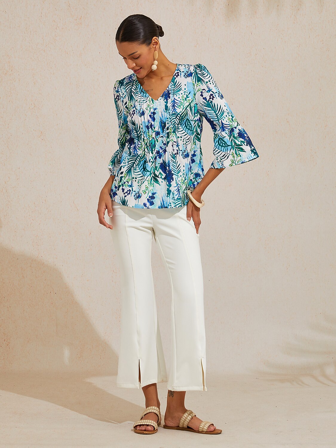 Cobalt Flora Reverie Linen Look V Neck Blouse