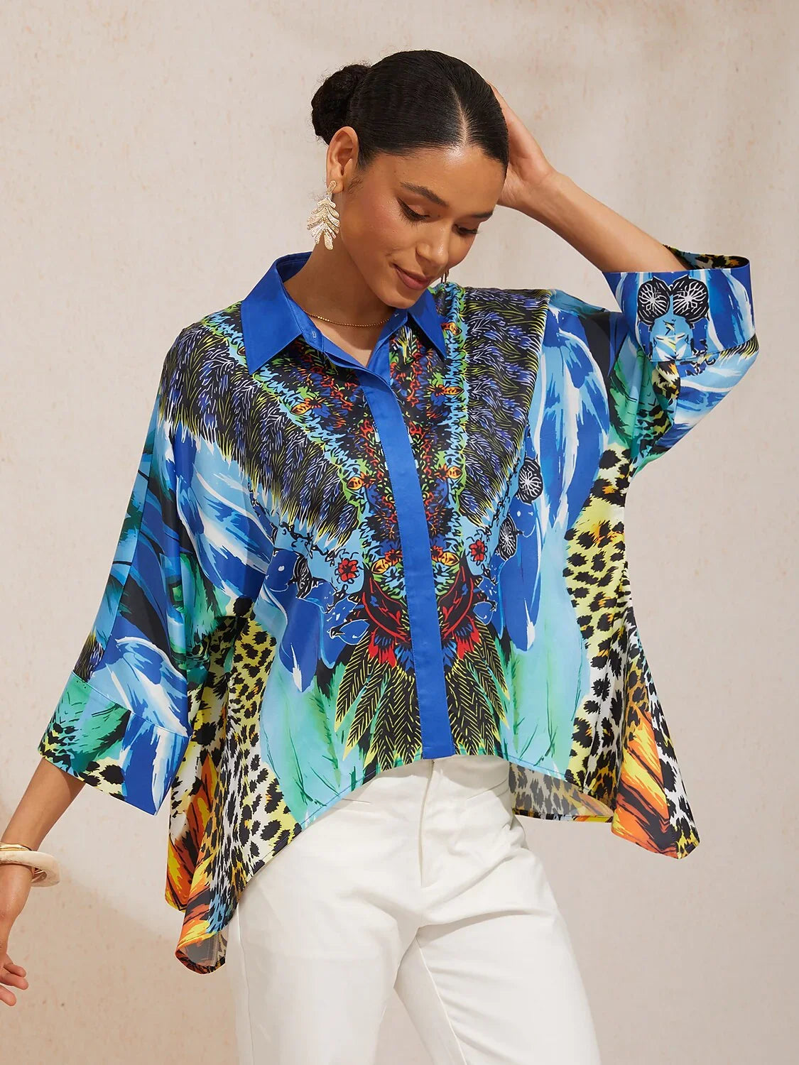 Jungle Wild Party Silky Satin Dolman Sleeve Button Down Shirt