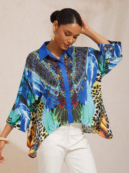 Vintage Leopard Jewelry Silky Satin Dolman Sleeve Shirt