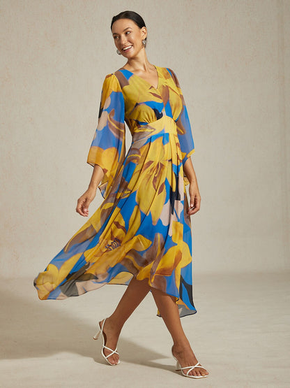 Abstract Floral Print Chiffon Maxi Dress