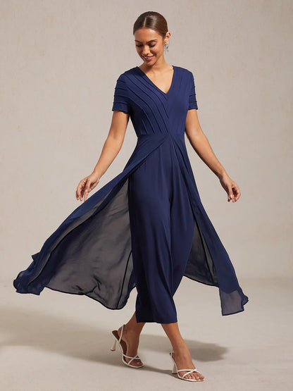 Paneled Design Faux Flowy Sheer Stretch Fabric Jumpsuit