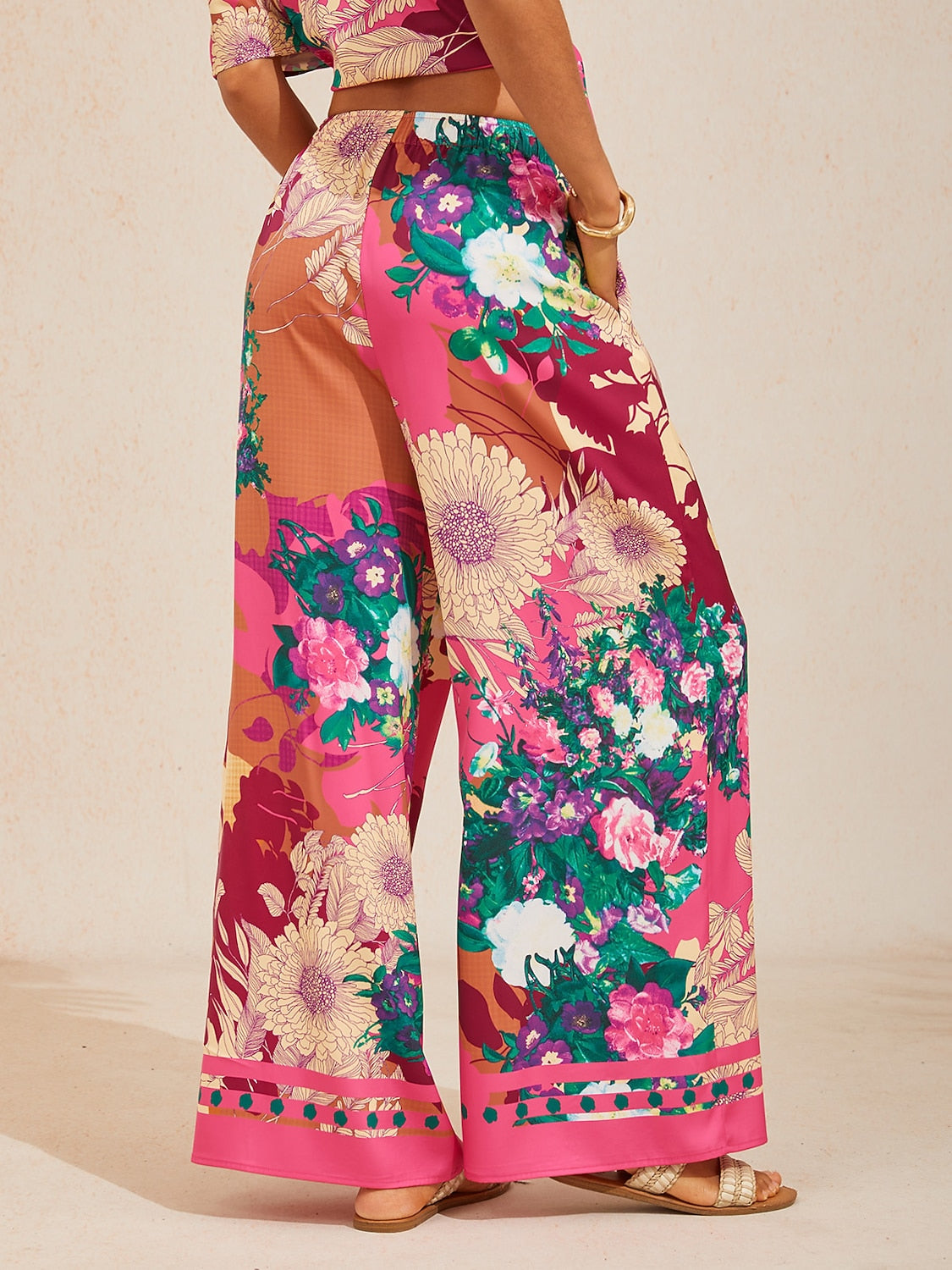 Fiery Pink Rose Silky Satin Wide Leg Pants