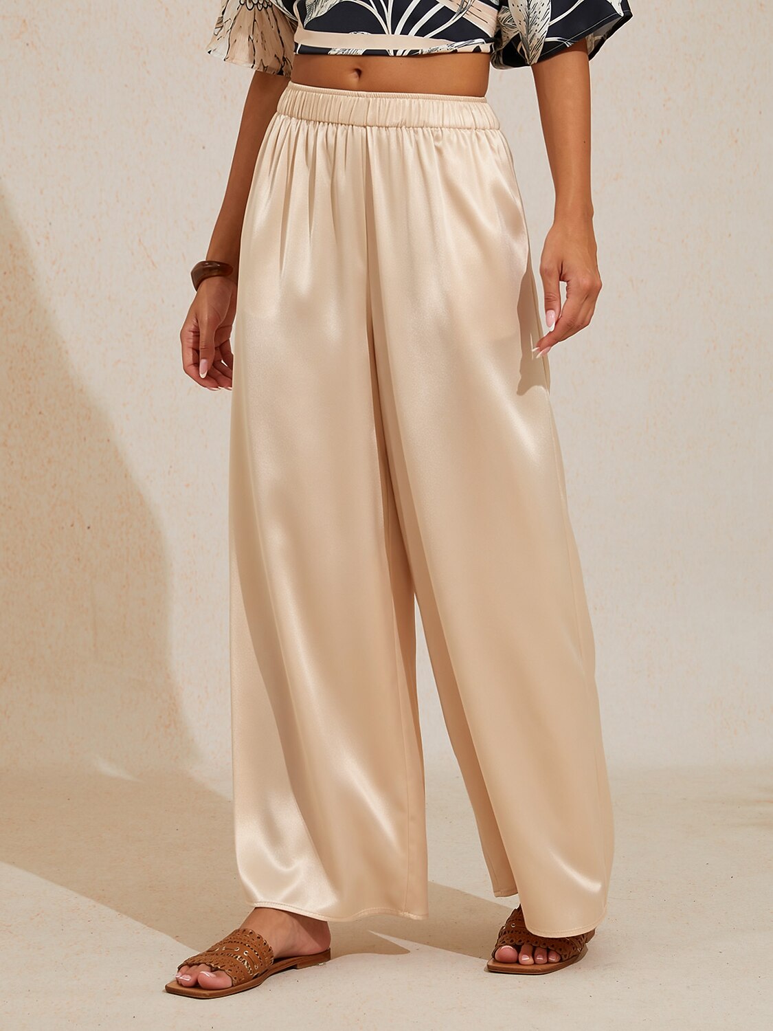 Silky Satin Blue Elastic Waist Wide Leg Pants