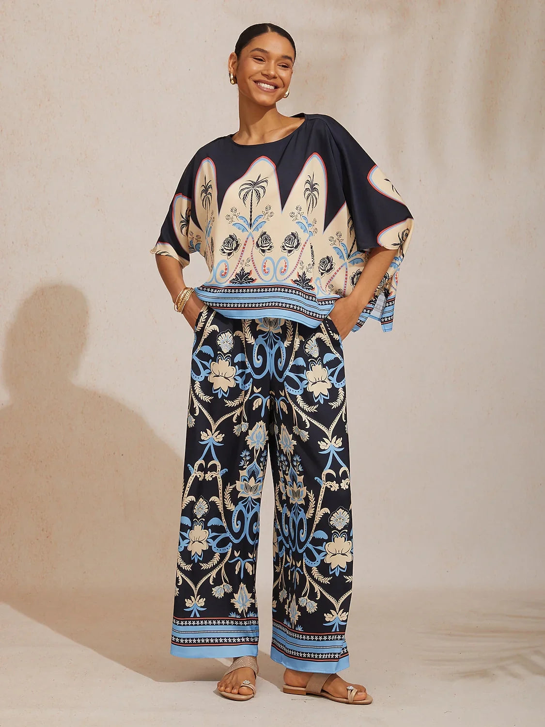Emerald Rose Garden Silky Satin Straight Pants