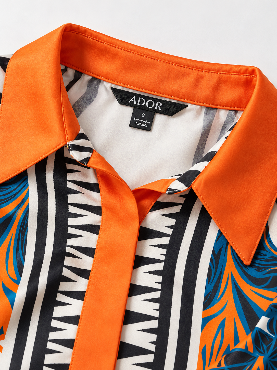 ADOR brand label detail on Satin Ethnic Print Block Printing Collar Oversized Shirt
