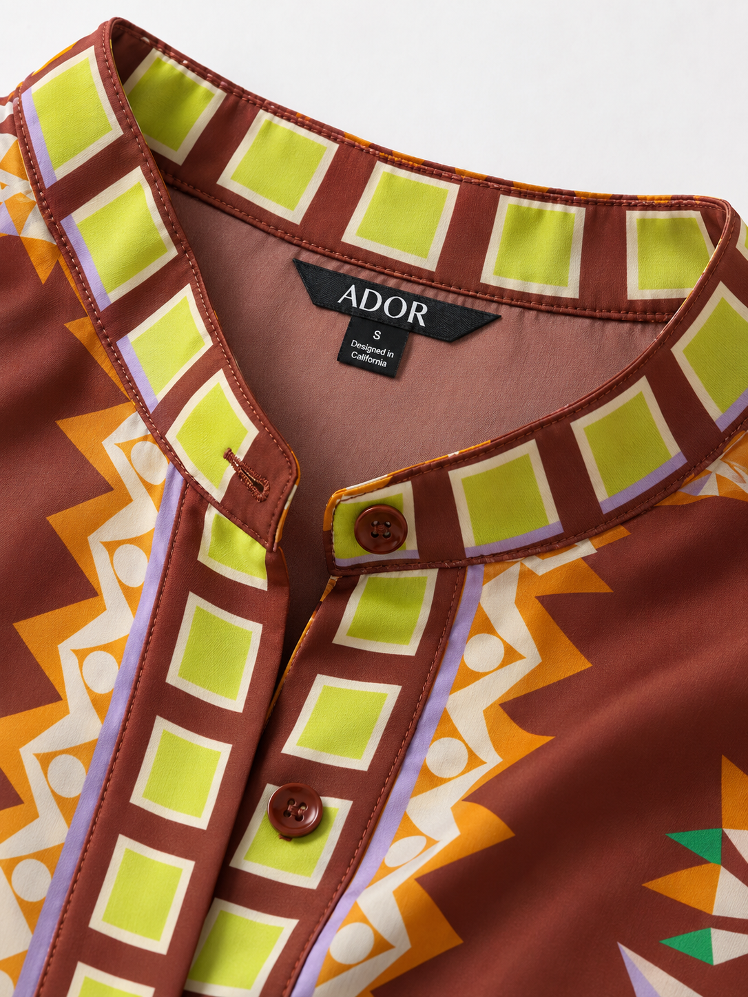 ADOR brand label detail on Brown Bohemian Silky Satin Batwing Top