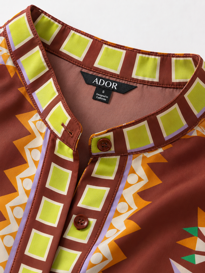 ADOR brand label detail on Brown Bohemian Silky Satin Batwing Top