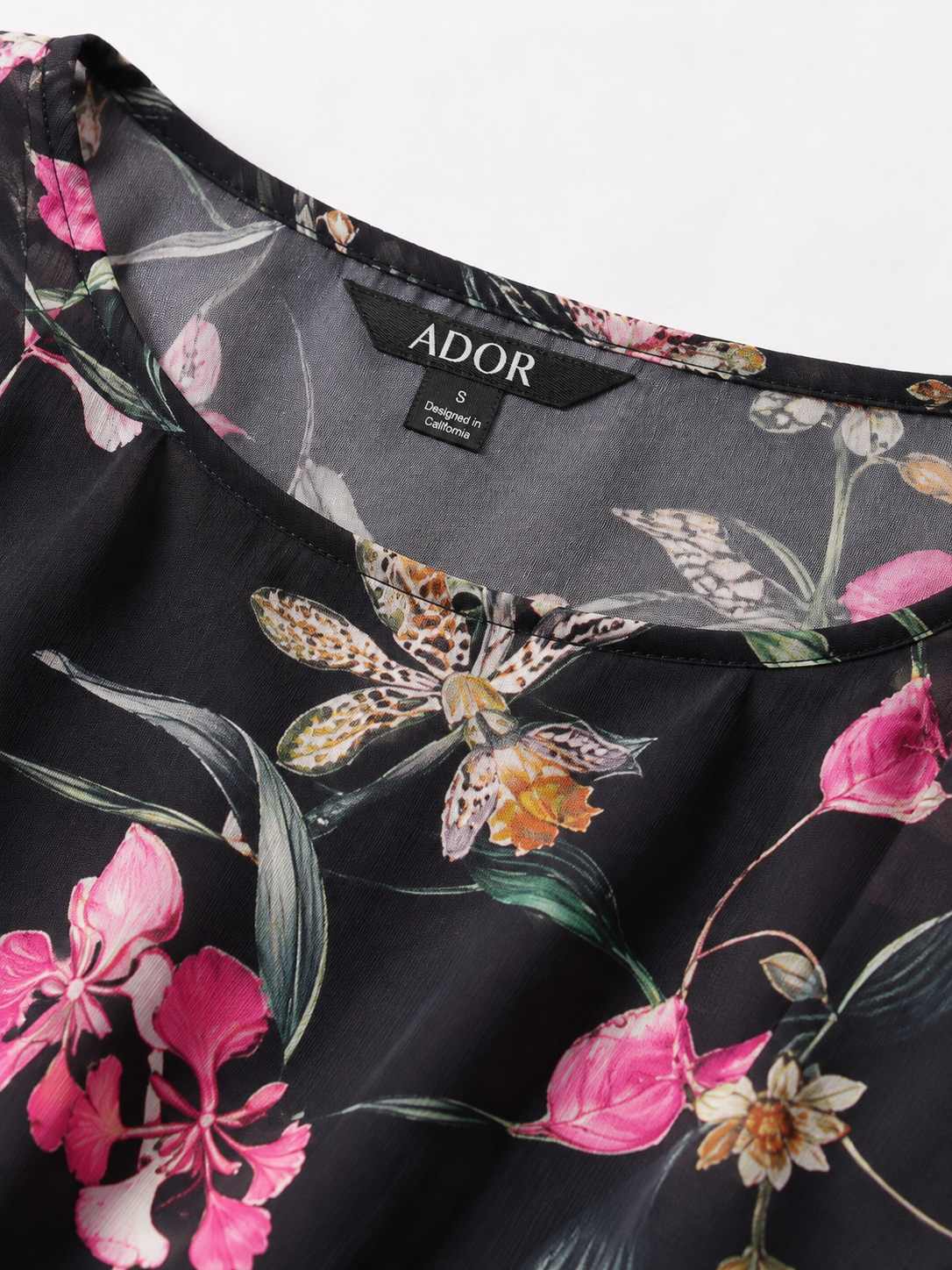 ADOR brand label detail on Black Chiffon Floral Print 3/4 Loose Round Blouse
