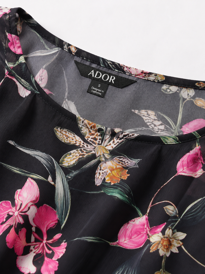 ADOR brand label detail on Black Chiffon Floral Print 3/4 Loose Round Blouse
