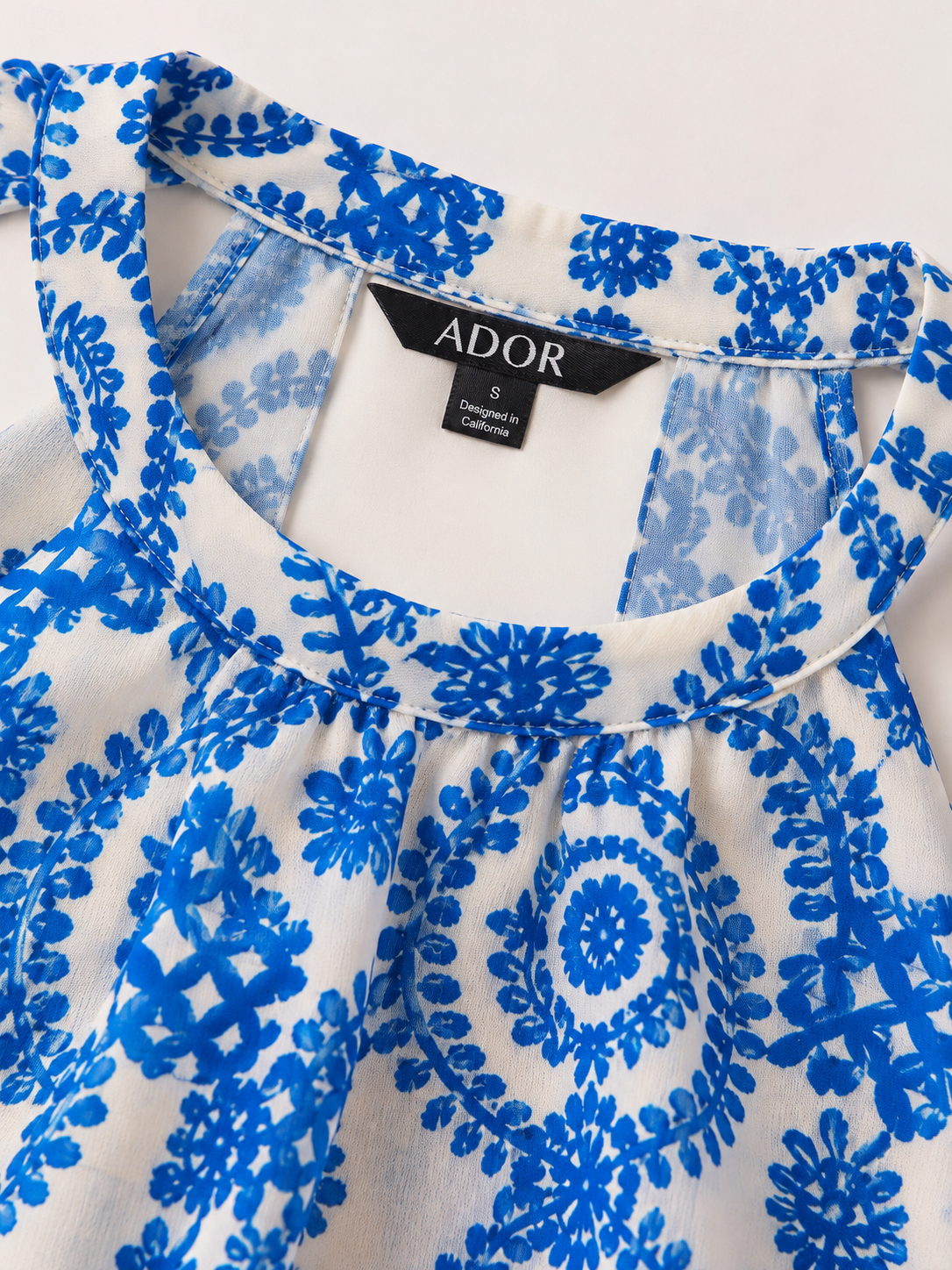 ADOR brand label detail on Chiffon Geometric Print Resort-Style Halter Fitted Waist Maxi Dress