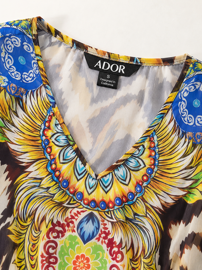 ADOR brand label detail on Gradient Tiger Flowy Chiffon Maxi Dress