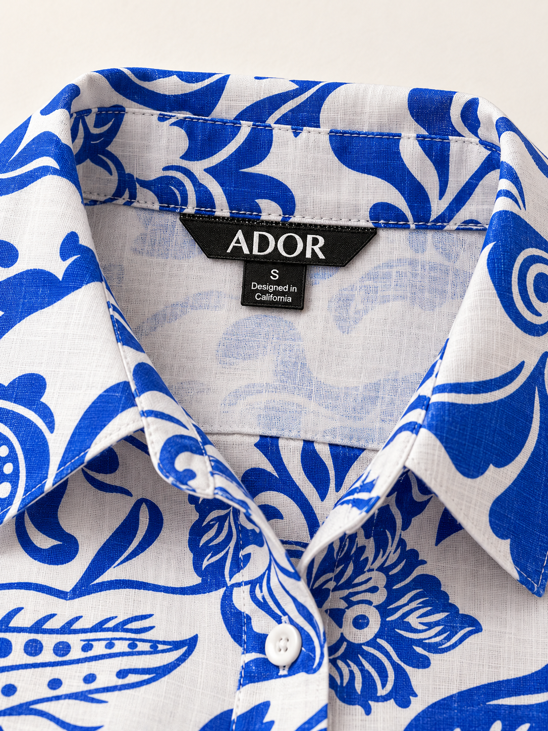 ADOR brand label detail on St Barth Blooms Airy Linen Style Shirt Dress