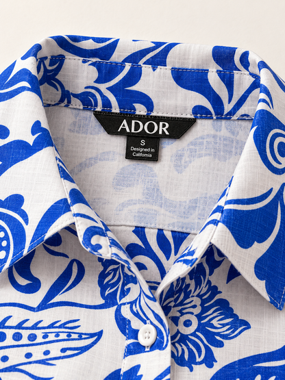 ADOR brand label detail on St Barth Blooms Airy Linen Style Shirt Dress