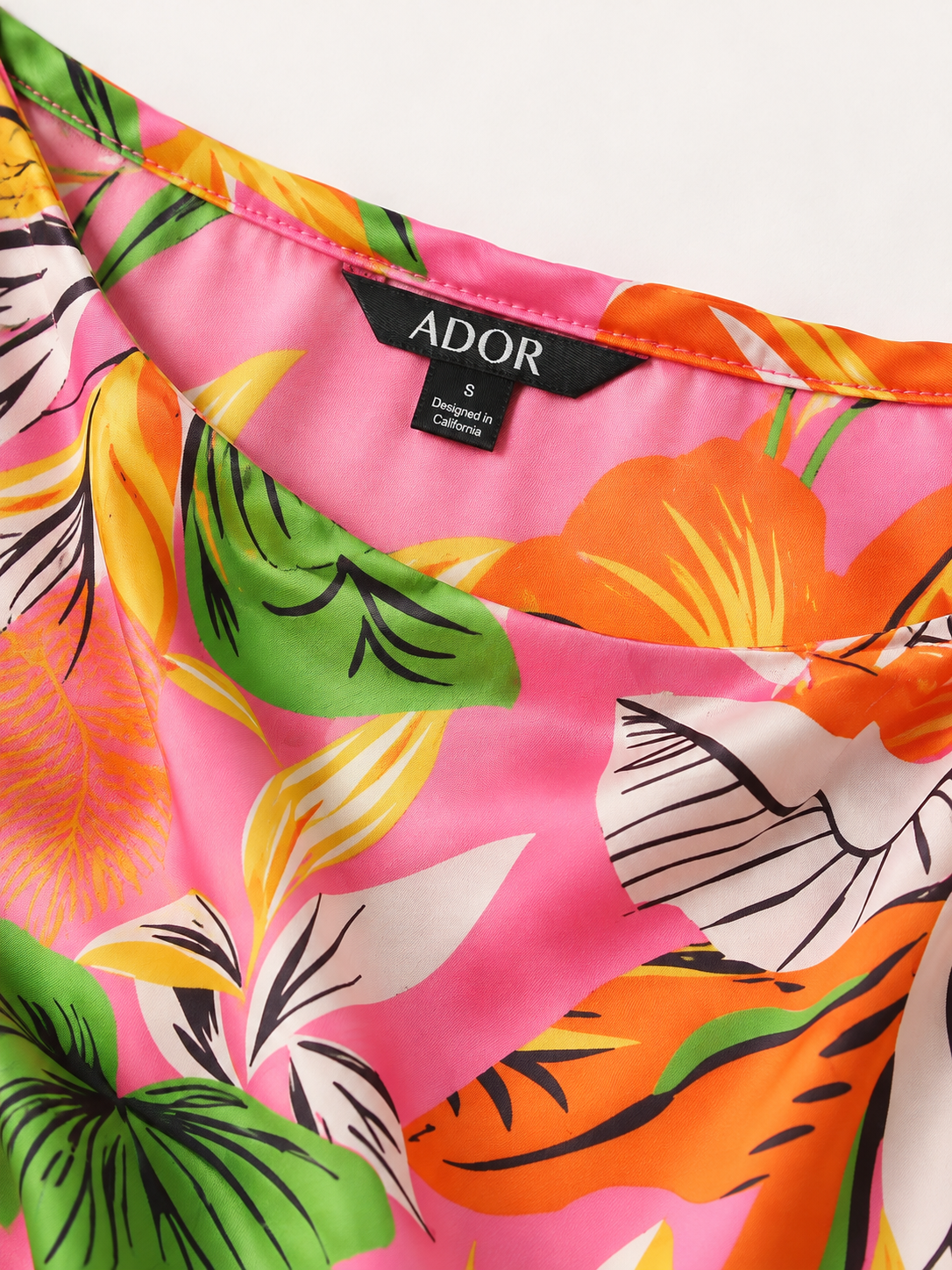 ADOR brand label detail on Wild Hibiscus Dream Silky Satin Dolman Sleeve Batwing Top
