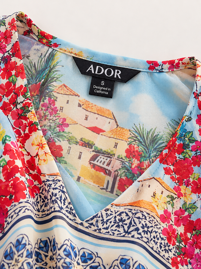 ADOR brand label detail on Mallorca Blossom Flowy Chiffon Dolman Sleeve Maxi Dress