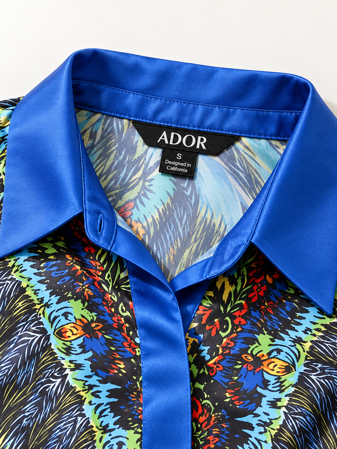 ADOR brand label detail on Jungle Wild Party Silky Satin Button Down Oversized Shirt