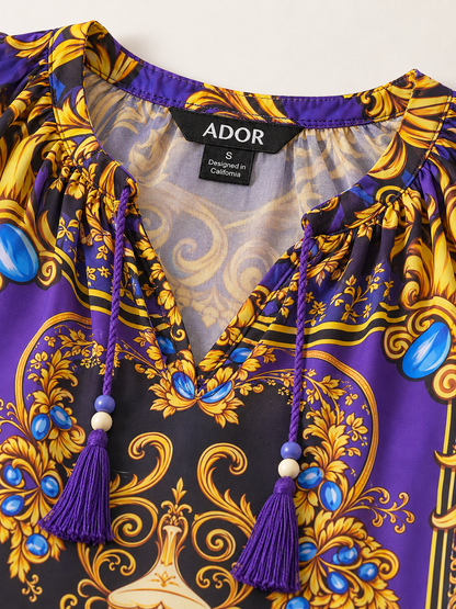 ADOR brand label detail on Midnight Purple Baroque Chiffon 3/4 Sleeves Blouse
