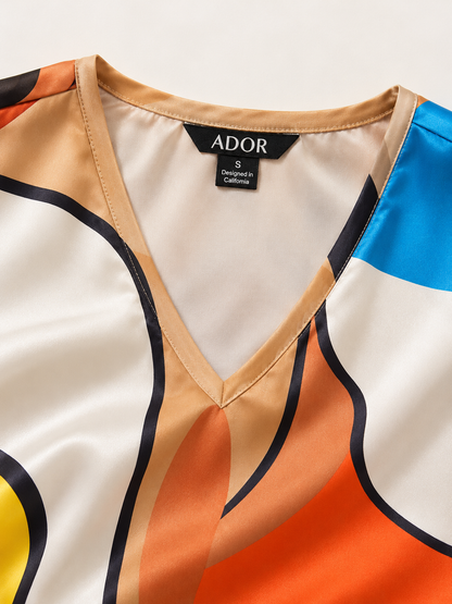 ADOR brand label detail on Abstract Art Silky Satin V Neck Batwing Top