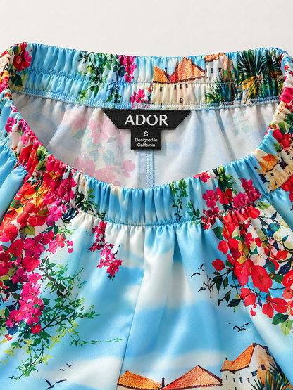 ADOR brand label detail on Mallorca Blossom Silky Satin Elastic Waist Wide Leg Pants