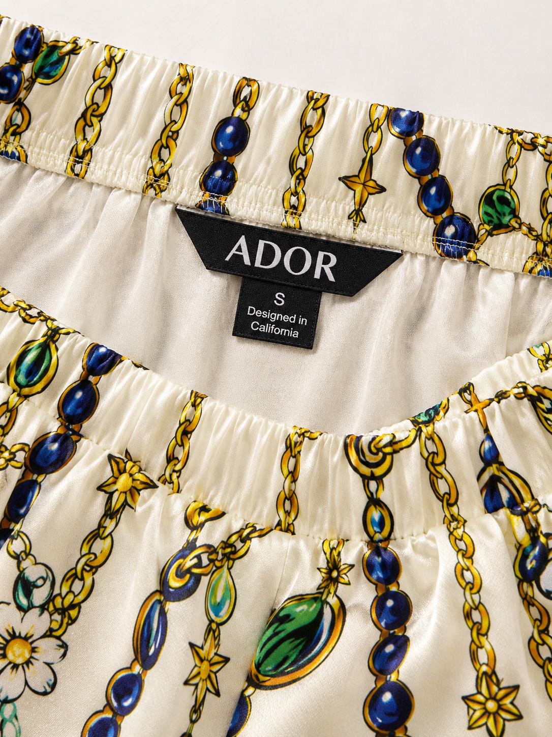 ADOR brand label detail on Vintage Jewelry Silky Satin Elastic Waist Wide Leg Pants