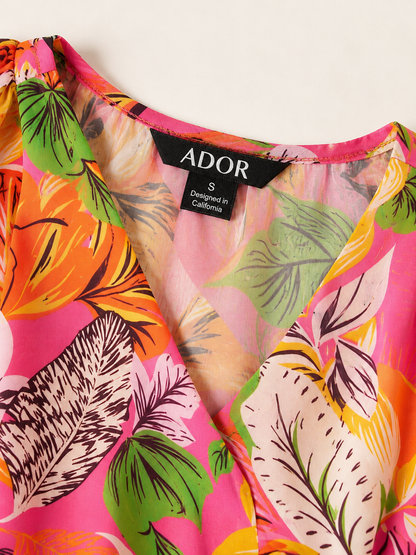 ADOR brand label detail on Wild Hibiscus Dream Flowy Chiffon Maxi Dress