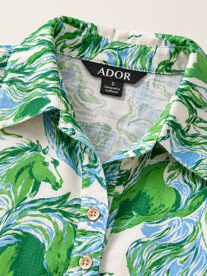 ADOR brand label detail on Graphic Art Mustang Shirt Collar Linen Look Midi Dress