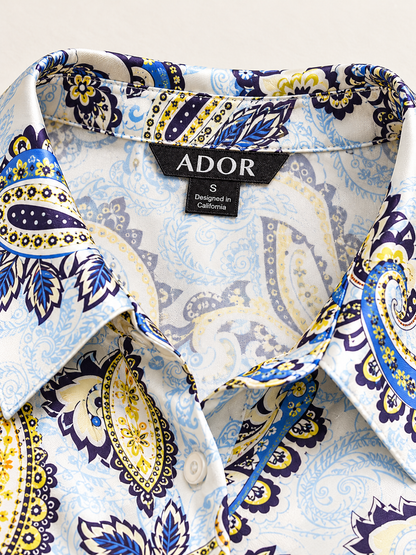 ADOR brand label detail on Skyline Paisley Flora  Silky Satin Shirt Dress