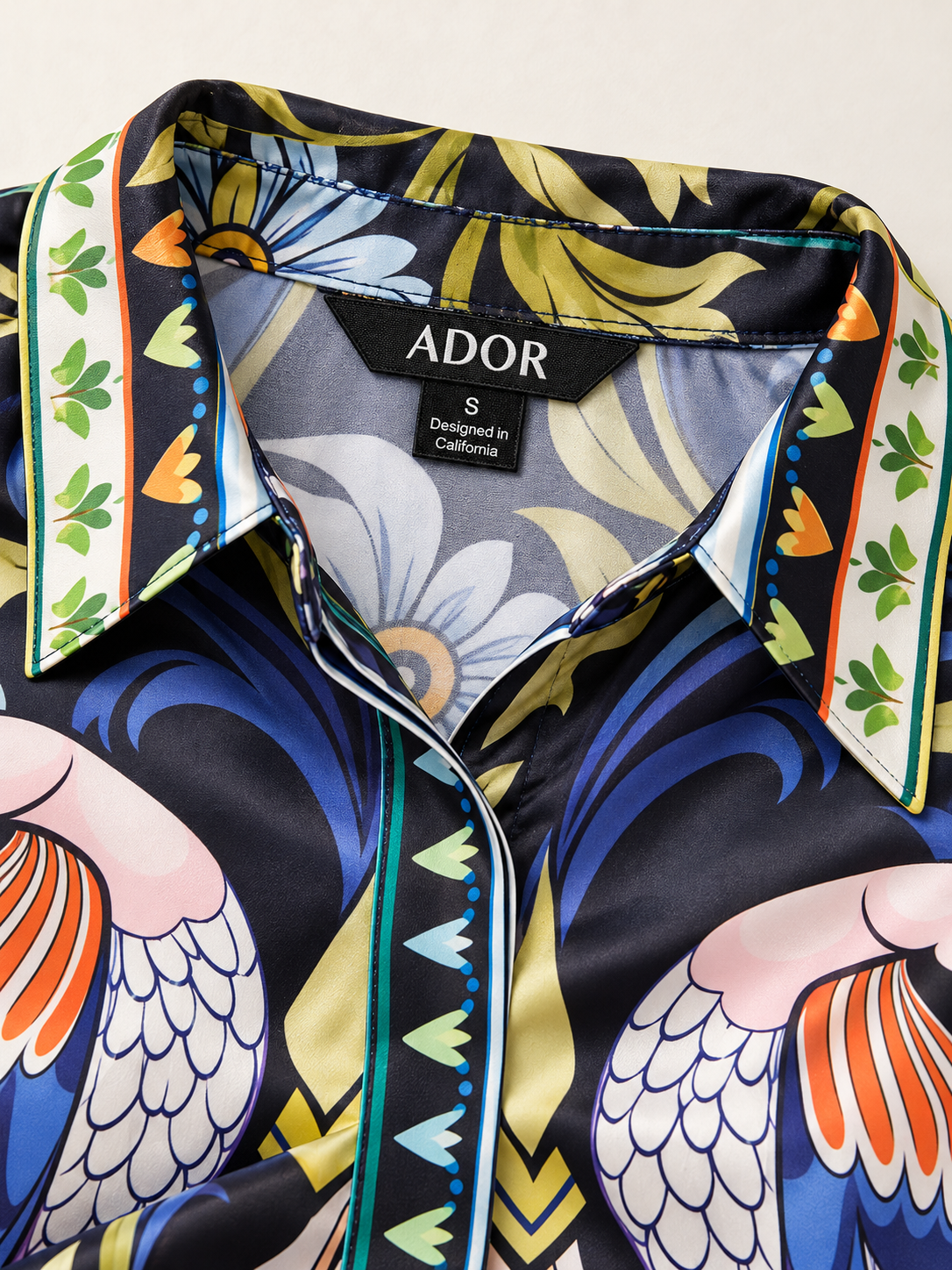 ADOR brand label detail on Bird Flower Silky Satin Button Down Oversized Shirt