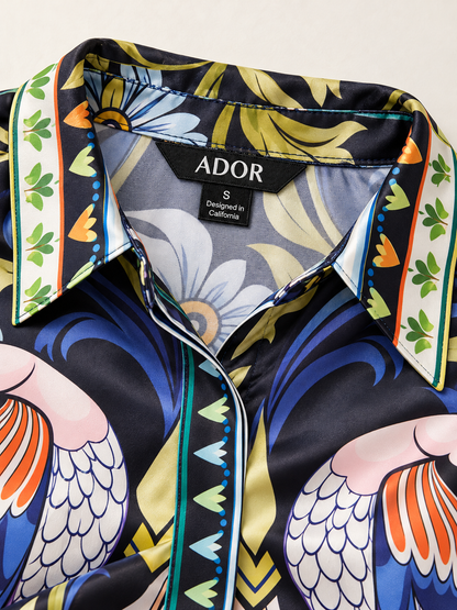 ADOR brand label detail on Bird Flower Silky Satin Button Down Oversized Shirt