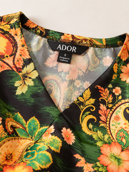 ADOR brand label detail on Paisley Bloom Silky Satin Dolman Sleeve Batwing Top