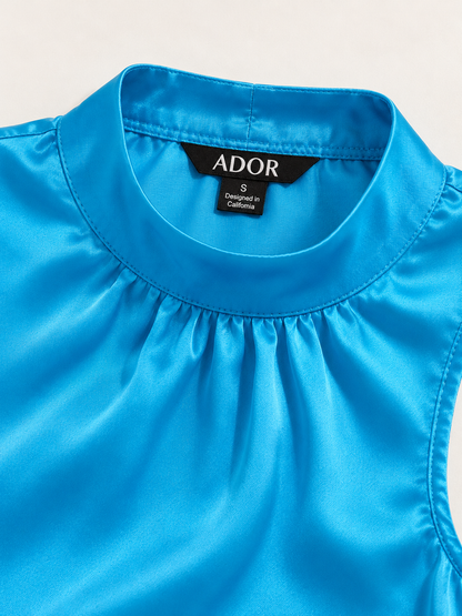 ADOR brand label detail on Summer Escape Silky Satin Wide Shoulder Sleeveless Top
