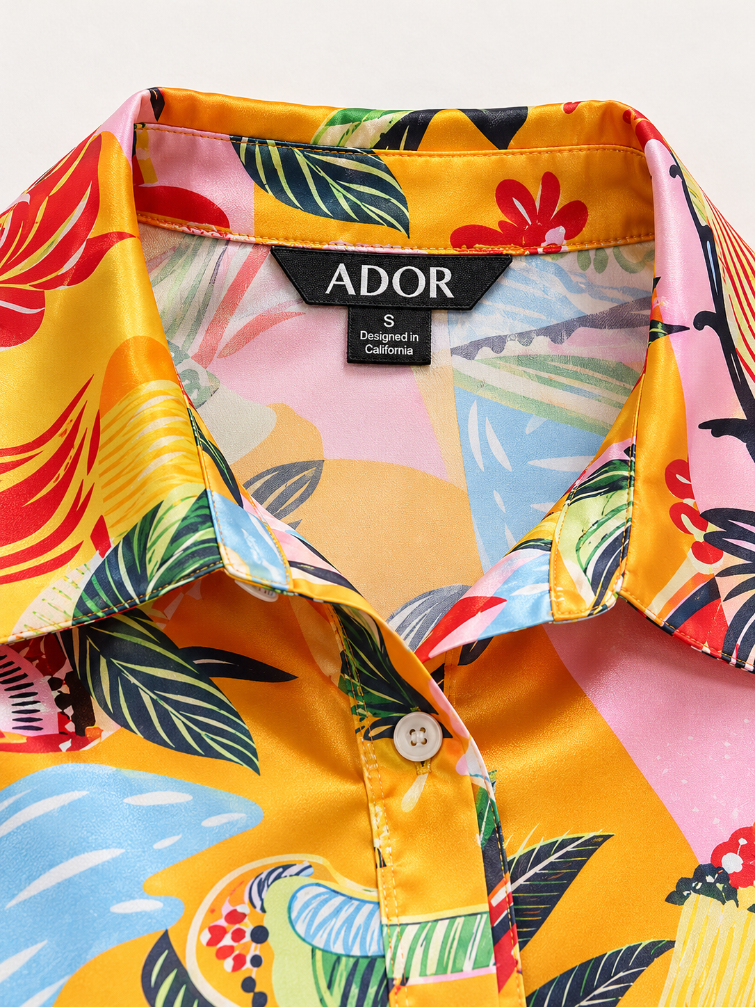 ADOR brand label detail on Summer Escape Silky Satin Shirt Dress