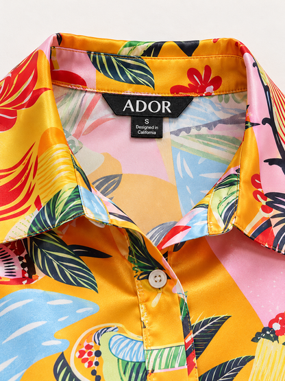 ADOR brand label detail on Summer Escape Silky Satin Shirt Dress