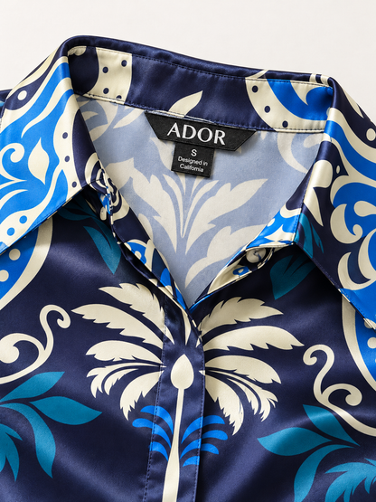 ADOR brand label detail on Azure Palace Harmony Silky Satin Button Down Oversized Shirt