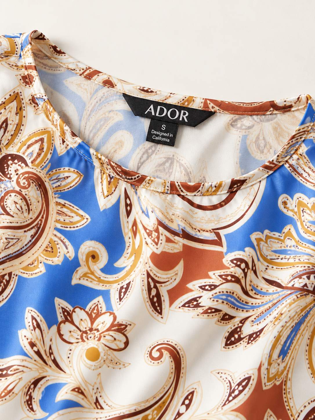 ADOR brand label detail on Royal Paisley Flora Silky Satin Dolman Batwing Top