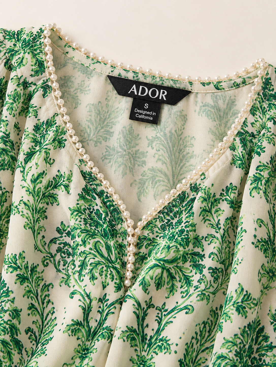 ADOR brand label detail on Verdant Baroque Bloom Flowy Chiffon Midi Dress