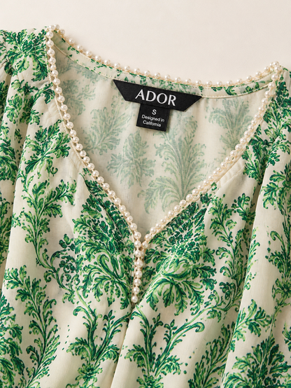 ADOR brand label detail on Verdant Baroque Bloom Flowy Chiffon Midi Dress