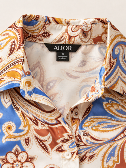 ADOR brand label detail on Royal Paisley Flora Silky Satin Shirt Dress