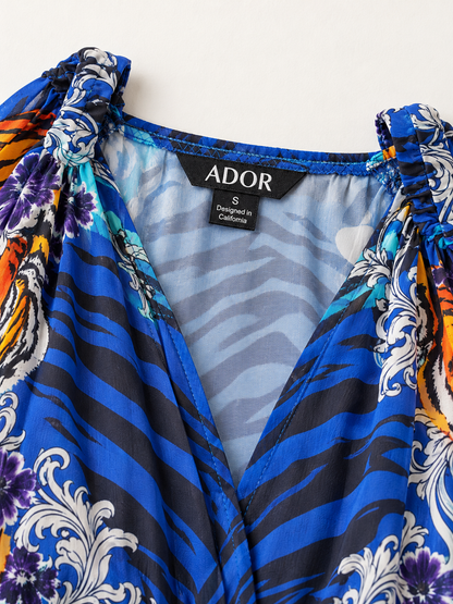 ADOR brand label detail on Indigo Tigress Flowy Chiffon Vacation  Maxi Dress