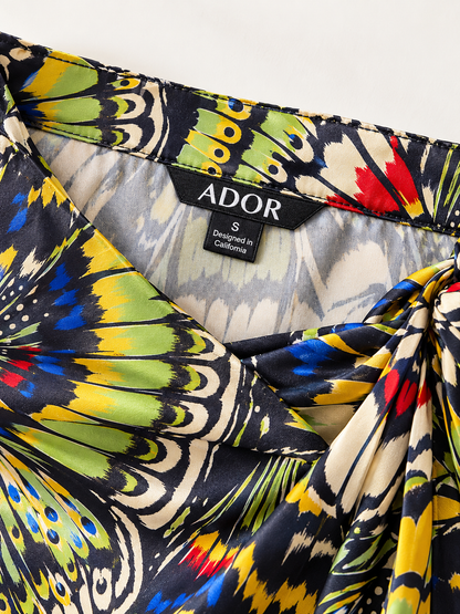 ADOR brand label detail on Jungle Butterfly  Silky Satin Wrap Skirt