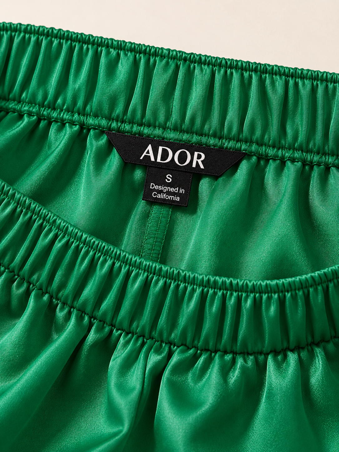 ADOR brand label detail on Silky Satin Green Elastic Waist Wide Leg Pants