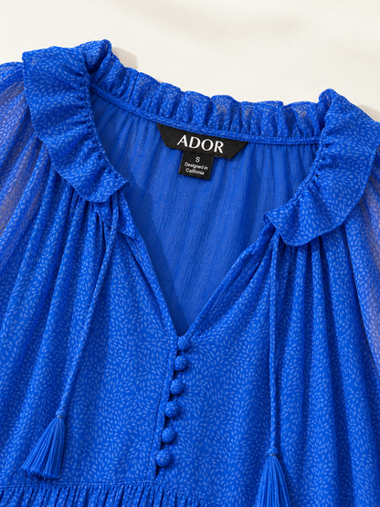 ADOR brand label detail on Chiffon Tropical Flowers Puff Sleeve Maxi Dress