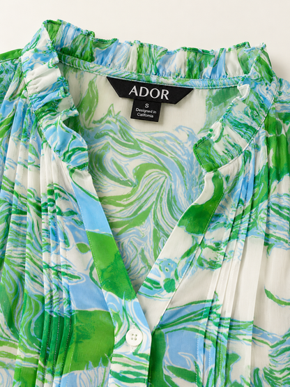 ADOR brand label detail on Graphic Art Mustang Ruffle V-Neck Chiffon Blouse
