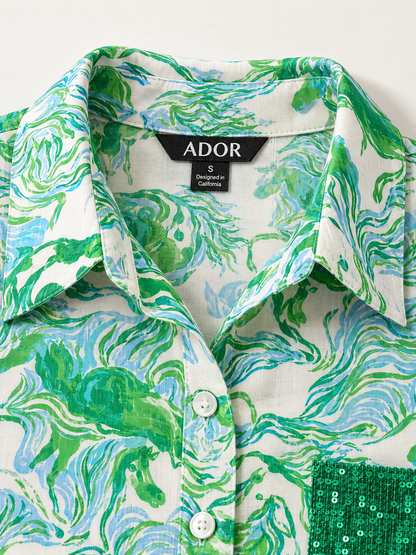 ADOR brand label detail on Graphic Art Mustang Linen Style Shirt Dress