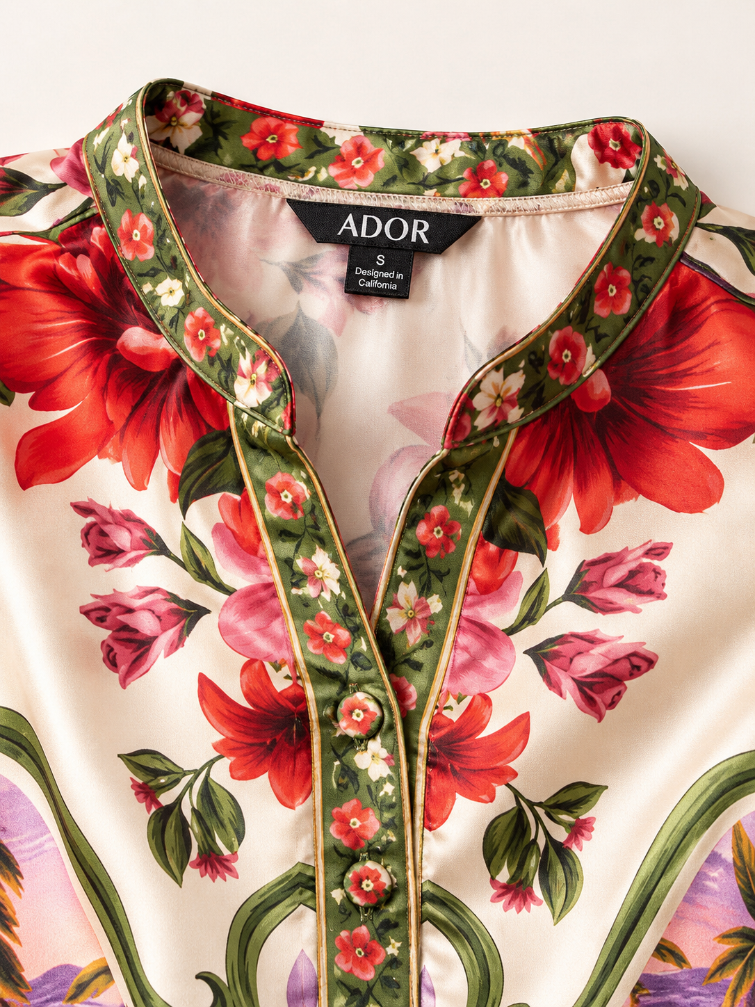 ADOR brand label detail on Hawaii Palm Silky Satin Batwing Top