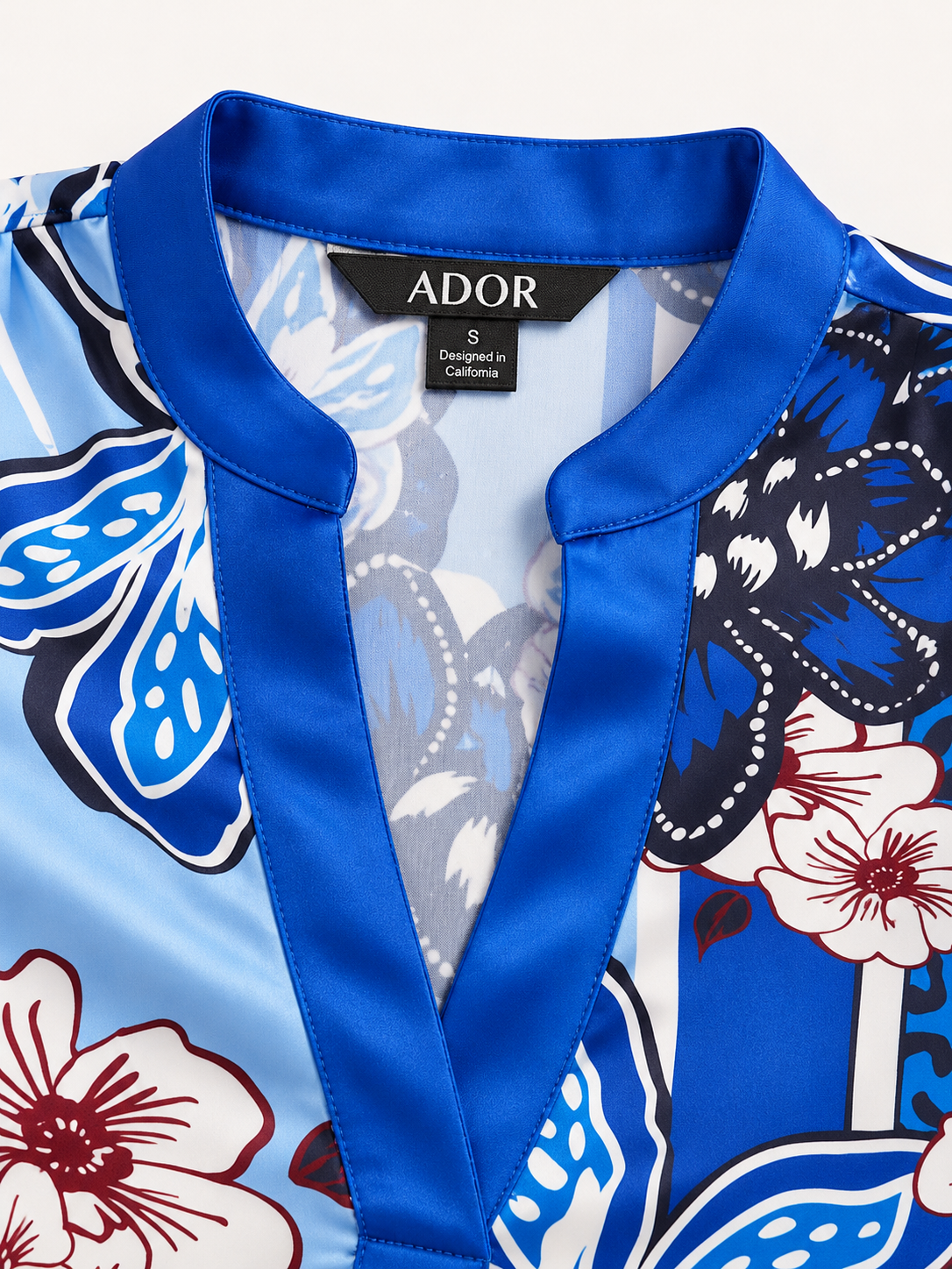 ADOR brand label detail on Azure Bloom Silky Satin Blouse