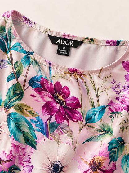 ADOR brand label detail on Pastel Garden Silky Satin Batwing Top