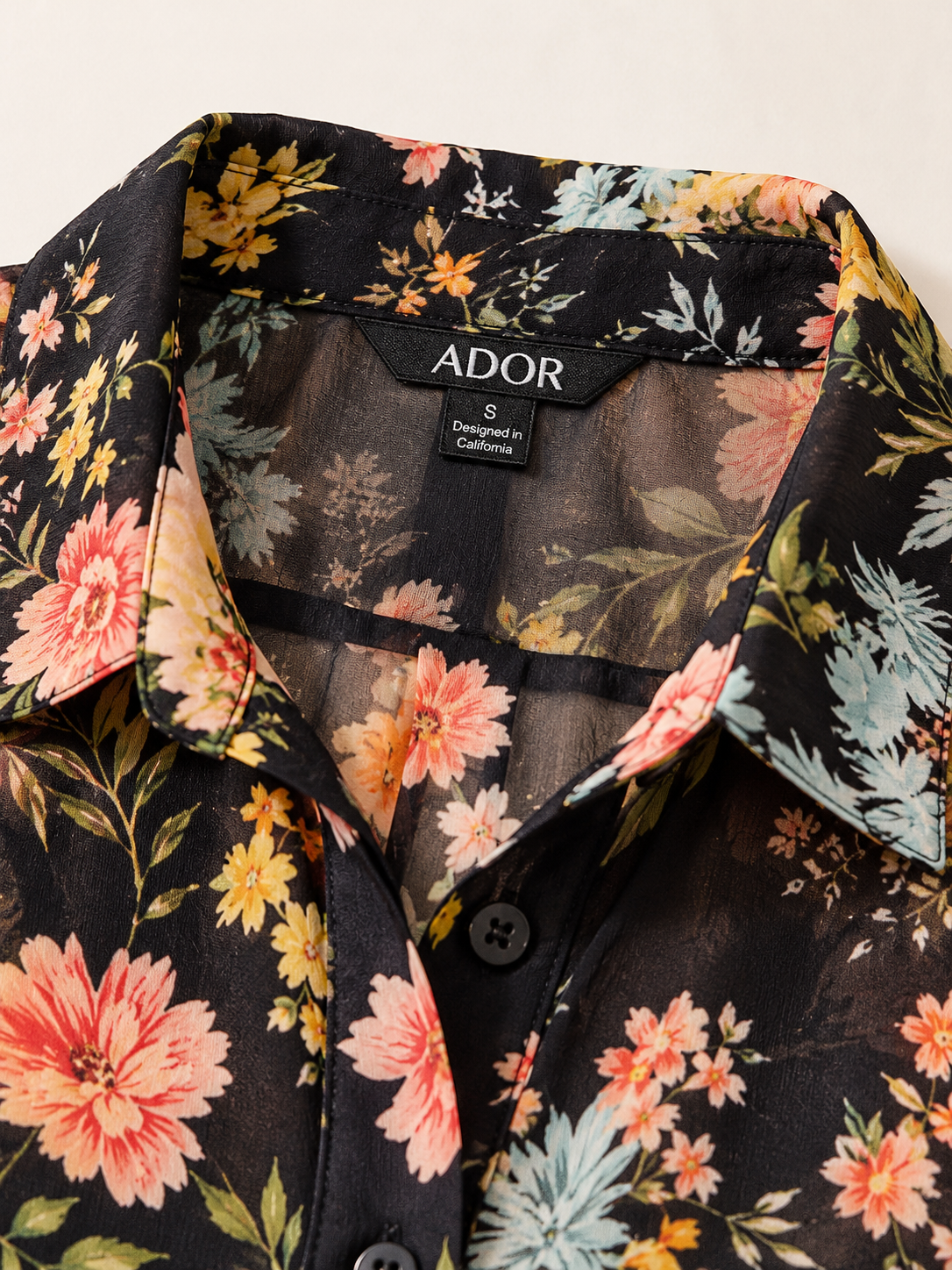ADOR brand label detail on Moonlight Blossom Chiffon Shirt Dress